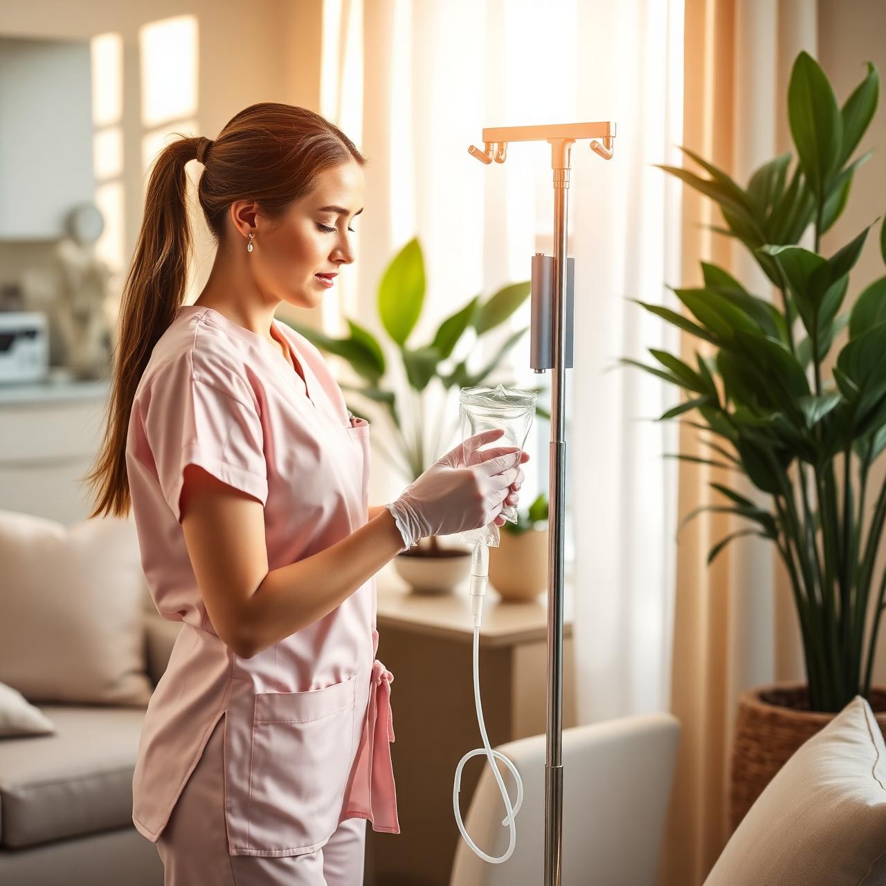 Caring nurse preparing an IV in a warm home setting