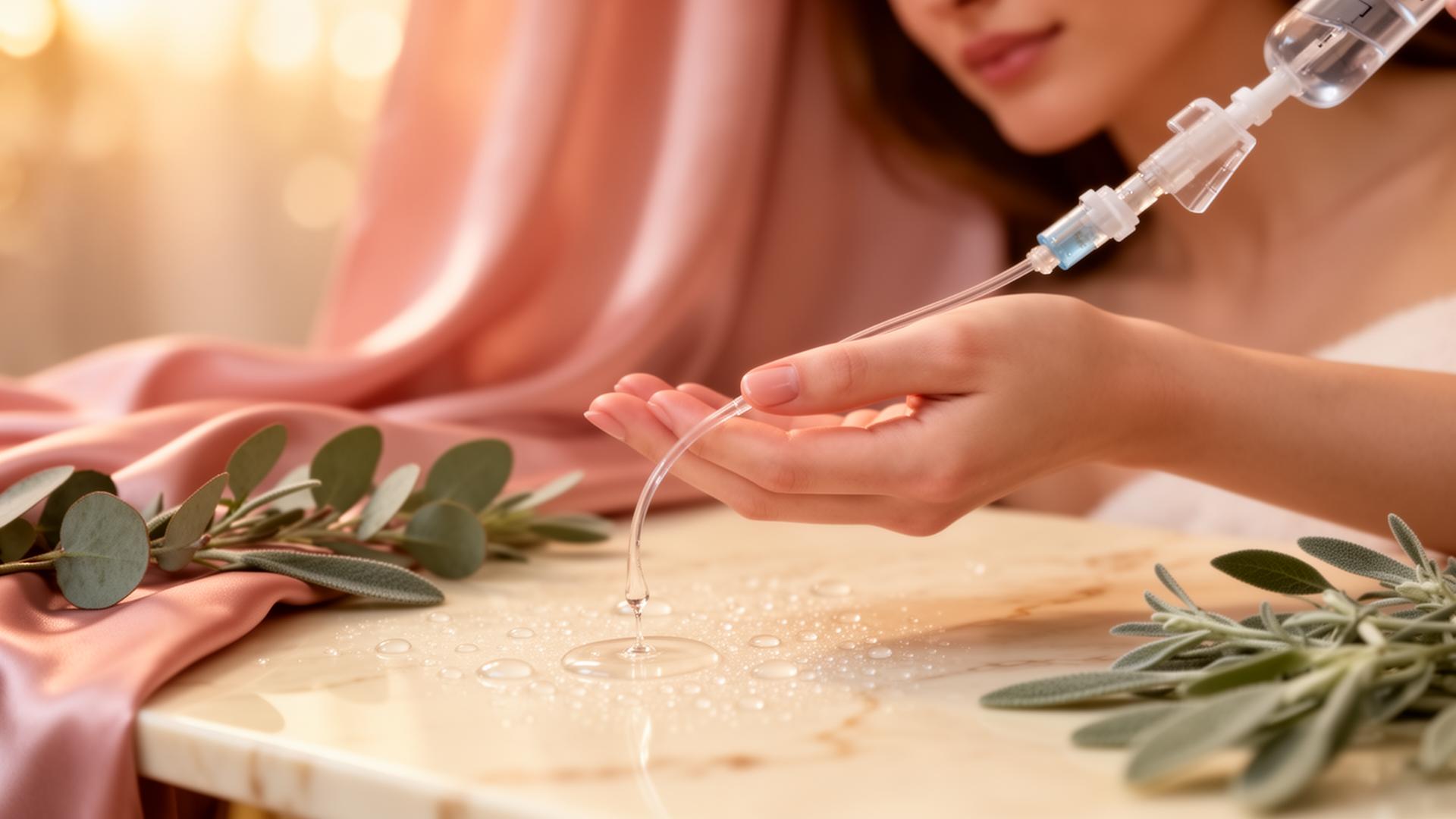 Soft luxurious IV hydration scene with rose petals and sage botanicals